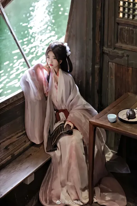 Woman in traditional clothes sitting on boat looking out the window, palace ， A girl wearing Hanfu, Wearing ancient Chinese clothes, hanfu, white hanfu, Paired with ancient Chinese costumes, Chinese traditional clothing, Wearing flowing robes, Inspired by ...