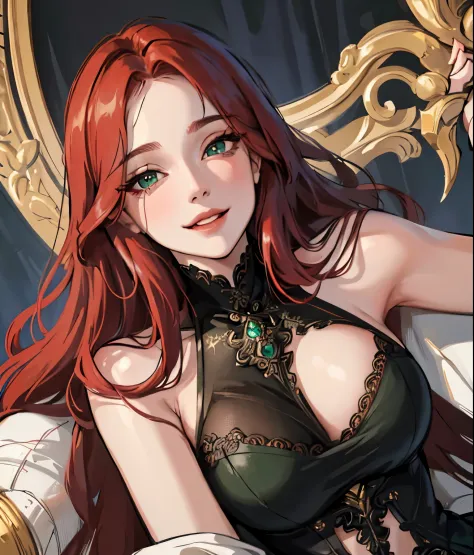 (extremely delicate and beautiful:1.2), 8k,(masterpiece:1.0),(best_quality:1.0), 1girl, mature woman, complex details, enlarged textures, complex details, finely detailed eyes and detailed face, intricate details, long red hair, smiling, perfect eyelue eye...