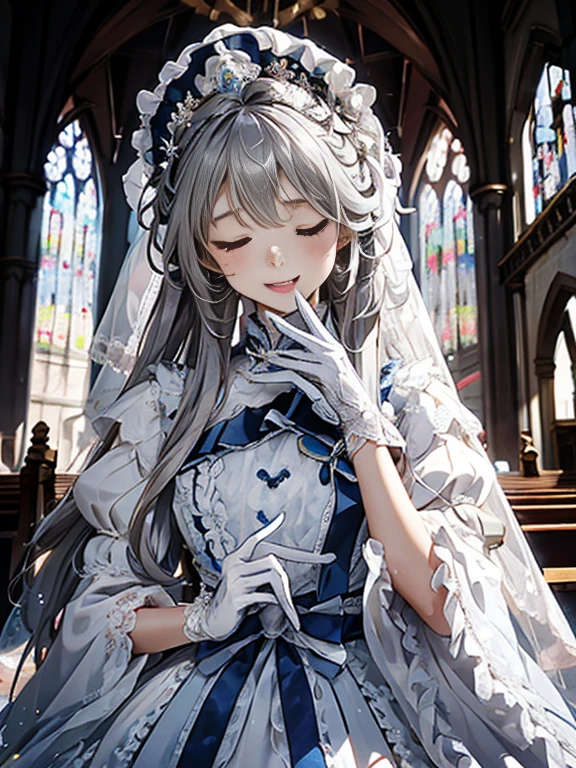 In front of the altar of a majestic church、（blurred background）、brighter light、（girl with long silver hair）、Classic White Wedding Dresses、（elegant luster）、（Lots of races）、lots of ribbons、((voluminous puff sleeves))、long cuffs with many buttons、golden embroidery、long train、white embroidered gloves、five fingers、laughter、Redness of the cheeks、(((Close ~ eyes)))
