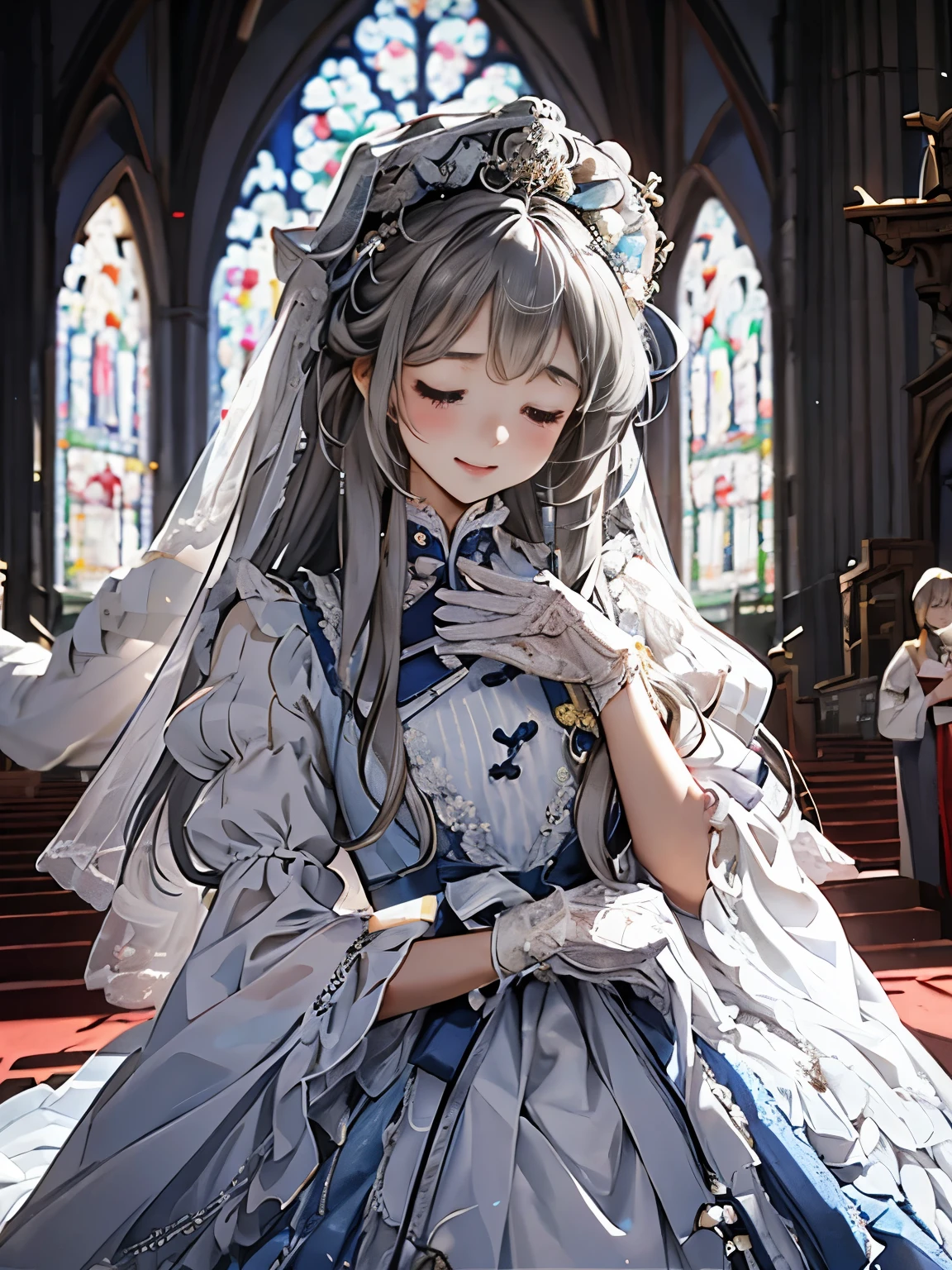 In front of the altar of a majestic church、（blurred background）、brighter light、（girl with long silver hair）、Classic White Wedding Dresses、（elegant luster）、（Lots of races）、lots of ribbons、((voluminous puff sleeves))、long cuffs with many buttons、golden embroidery、long train、white embroidered gloves、five fingers、laughter、Redness of the cheeks、(((Close ~ eyes)))