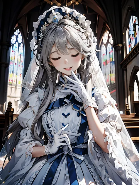 In front of the altar of a majestic church、（blurred background）、brighter light、（girl with long silver hair）、Classic White Weddin...