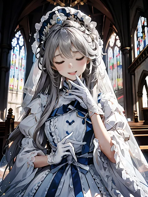 in front of the altar of a majestic church、（blurred background）、brighter light、（girl with long silver hair）、classic white weddin...