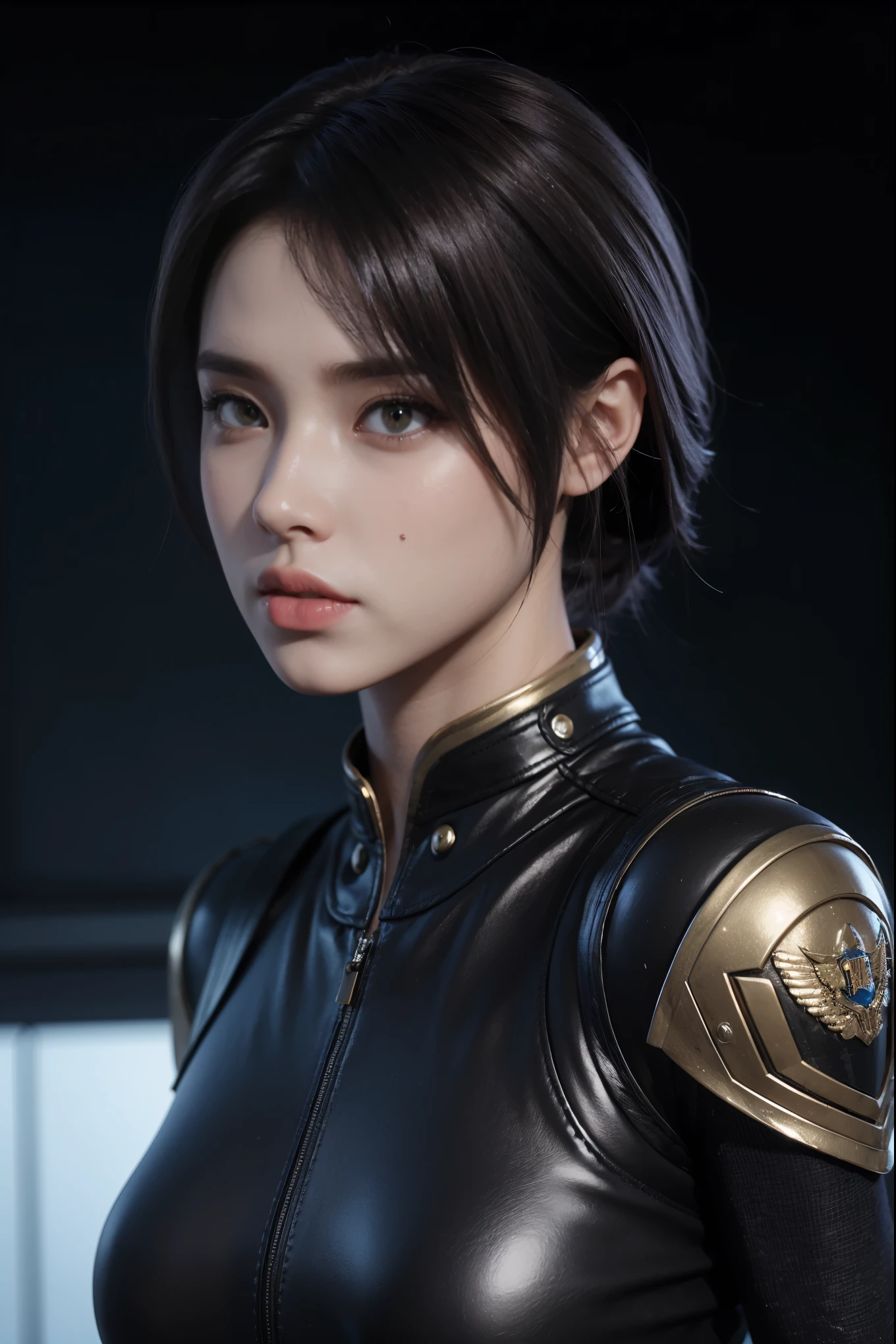 Masterpiece，The best qualities，Very high resolution，8K，((Portrait))，((Head close-up))，Original photo，real photo，Digital Photography， (Cyberpunk-style female cops of the future world)，(Fighting girl)，22-year-old girl，(A random style of short hair)，An eye rich in detail，((Lachrymal nevus))，lip gloss，(Elegant and charming，Indifferent and noble)，(Future combat clothing full of mechanical style，A garment that combines the characteristics of a police uniform，A fancy badge，An intricate pattern of clothing，Glittering jewels，Joint Armor，Metallic luster，Red and white)，Cyberpunk Characters，Future Style， Photo poses，Street background，Movie lights，Ray tracing，Game CG，((3D Unreal Engine))，oc rendering reflection texture