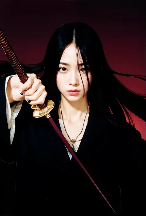 women black clothes black long hair with sword