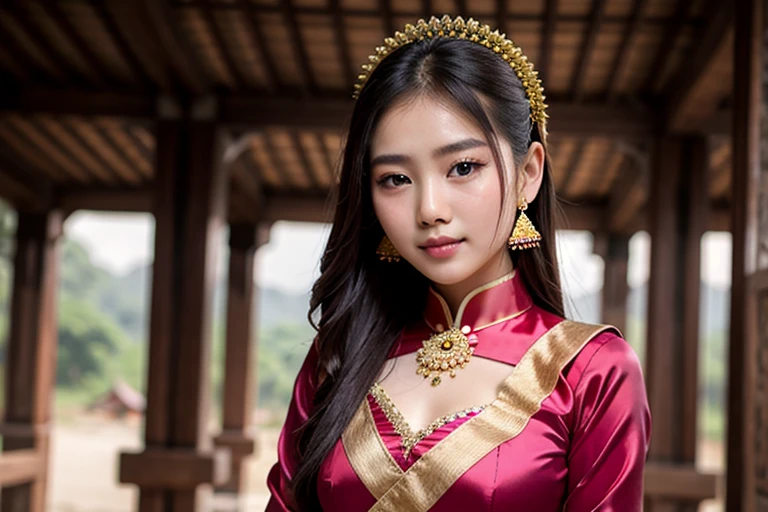Ein schönes Mädchen in traditioneller myanmarischer Kleidung, 4K-Qualität 4:3 
