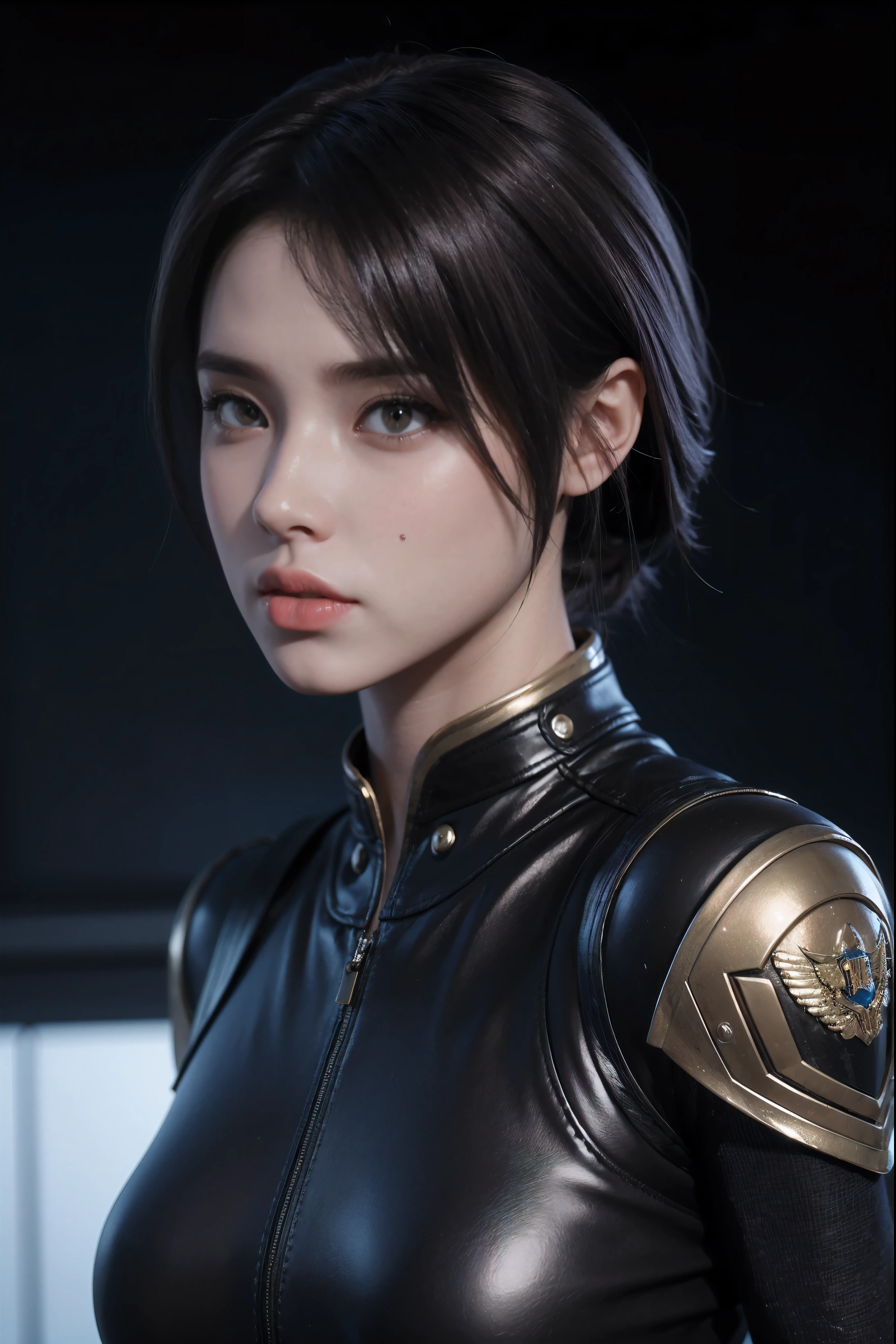 Masterpiece，The best qualities，Very high resolution，8K，((Portrait))，((Head close-up))，Original photo，real photo，数码摄影， (Cyberpunk-style female cops of the future world)，(Fighting girl)，22岁少女，(A random style of short hair)，An eye rich in detail，((Lachrymal nevus))，嘴唇光泽，(优雅迷人，冷漠高贵)，(Future combat clothing full of mechanical style，A garment that combines the characteristics of a police uniform，A fancy badge，An intricate pattern of clothing，Glittering jewels，Joint Armor，Metallic luster，Red and white)，赛博朋克人物，未来风格， 拍照姿势，街道背景，Movie lights，Ray tracing，Game CG，((3D Unreal Engine))，oc渲染反射纹理