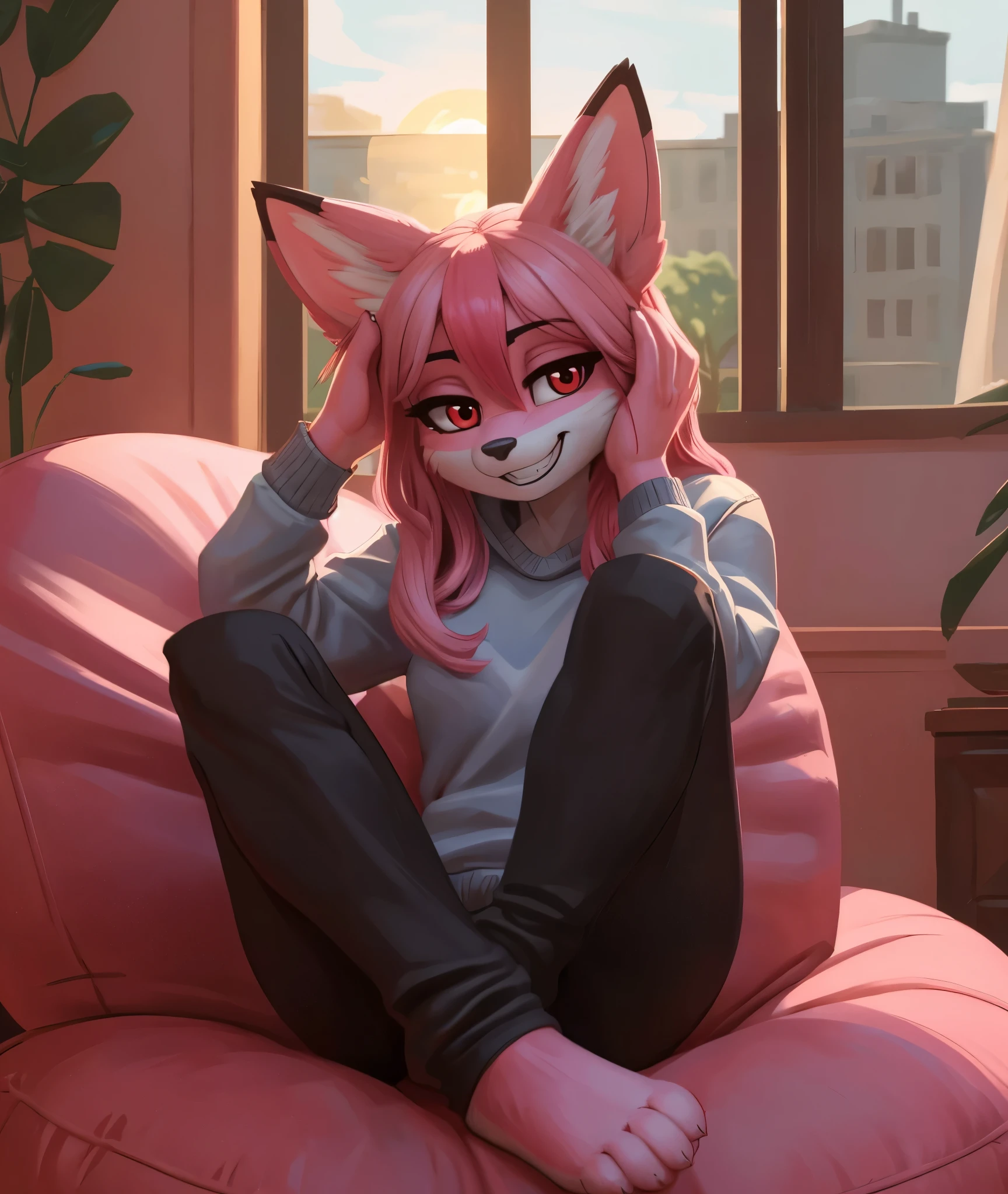 [nazuna hiwatashi], [Uploaded to e621.net; (Pixelsketcher), (wamudraws)], ((masterpiece)), ((HD)), ((high res)), ((solo portrait)), ((full body)), ((front view)), ((feet visible)), ((furry; anthro)), ((detailed fur)), ((detailed shading)), ((beautiful render art)), ((intricate details)), {anthro fox girl; pink fur, black nose, (cute red eyes), (long eyelashes), (luffy pink tail), (long pink hair), (two toned hair), (hot-pink tips on hair), (sharp white nails), (curvy hips), (beautiful legs), (beautiful feet), (blushing), (cute grin), (playful expression)}, {(grey sweatshirt), (black yoga pants), (pink leg warmers)}, {(sitting on beanbag), (head resting on hands), (hands on face), (crossed legs), (looking at viewer)}, [background; (living room), (window), (clouds in sky), (blue sky), (sun rays), (ambient lighting)]
