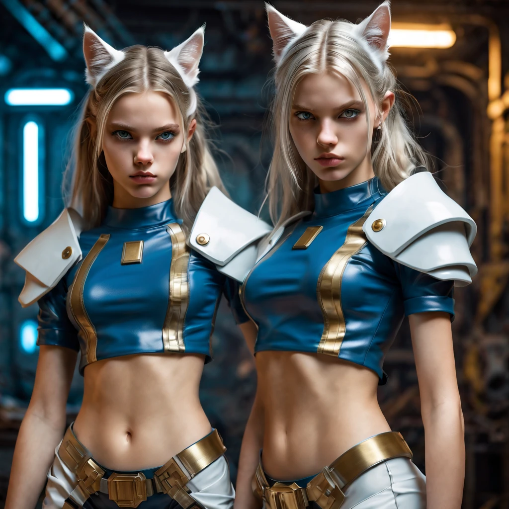 Two 13 year old Female warrior monks, Perfect likeness of SandraOv4, Blue and gold short-sleeved shirt match, clothes torn, hand-held large, state-of-the-art sci fi firearm, Stand against a vintage sci-fi background. The artwork was inspired by Moebius and Ashley Wood...  , twins, Blond hair grey-blue eyes,  cyberpunk steel armor, they are wearing white cats ears. 13 year old girls,  slim ,  small girls,  huge breasts, Raw skin is exposed in cleavage, . Masterpiece,  8k,  4k,  high resolution,  dslr,  ultra quality,  sharp focus,  crystal clear,  8K UHD,  beautiful eyes,  high detailed skin,  skin pores,  seductive,  beautiful long hair,  big eyes with large iris,  full lips,  long legs short torso body type,  lovely face wearing torn vaultsuit clothes. , realistic colors, , realistic colors, realistic, photorealistic, NSFW, 