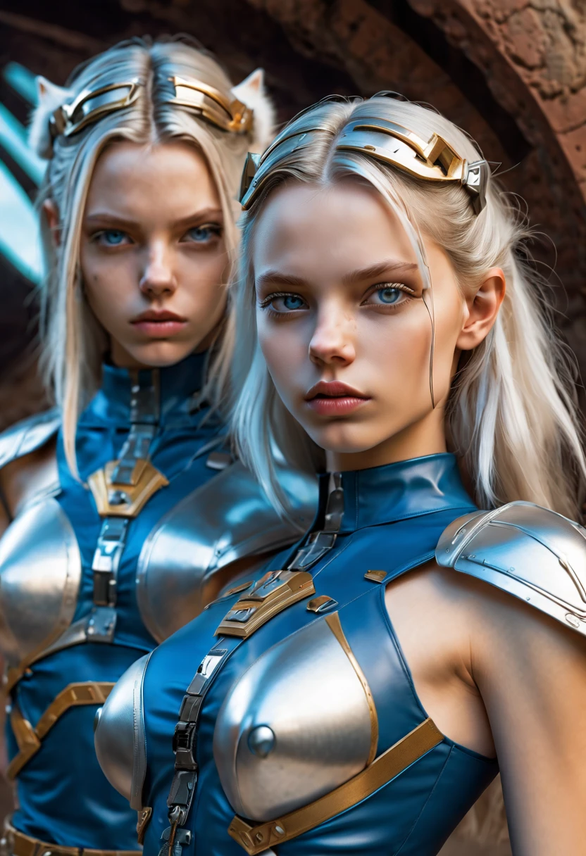 Two 13 year old Female warrior monks, Perfect likeness of SandraOv4, Blue and gold short-sleeved shirt match, clothes torn, hand-held large, state-of-the-art sci fi firearm, Stand against a vintage sci-fi background. The artwork was inspired by Moebius and Ashley Wood...  , twins, Blond hair grey-blue eyes,  cyberpunk steel armor, they are wearing white cats ears. 13 year old girls,  slim petite,  small girls,  huge breasts, Raw skin is exposed in cleavage, . Masterpiece,  8k,  4k,  high resolution,  dslr,  ultra quality,  sharp focus,  crystal clear,  8K UHD,  beautiful eyes,  high detailed skin,  skin pores,  seductive,  beautiful long hair,  big eyes with large iris,  full lips,  long legs short torso body type,  lovely face wearing torn vaultsuit clothes. , realistic colors, , realistic colors, realistic, photorealistic, NSFW, 