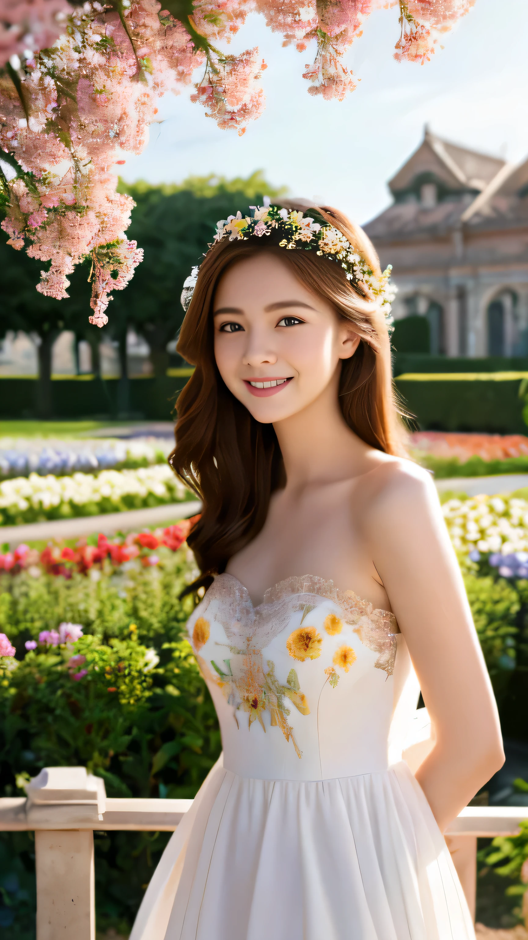 Ultra-high definition images,Vista, panorama, perspective, Depth of written boundary, bust, Upper body, cinematic angle, masterpiece, highest quality, Super detailed, cg, 8k wallpaper, beautiful face, delicate eyes, maiden, alone, smile, chestnut hair, golden eyes, Fair skin,  white evening dress, Rose畑, Red flower, Rose, flower garden, petal, Flying petal, smile,Full body high-definition painting,