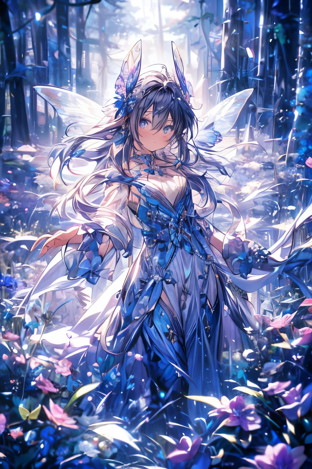 masterpiece, concept art, (highly detailed), medium shot, fairy butterfly 1girl, butterfly wings, cute, elegant, violet flowing hair, magical dress, magnum opuutterfly:1.5) flying surrounding her, mythical forest, bathed in ethereal moonlight, serenity, (epic composition, epic proportion), Vibrant color, volumetric lighting, Hd