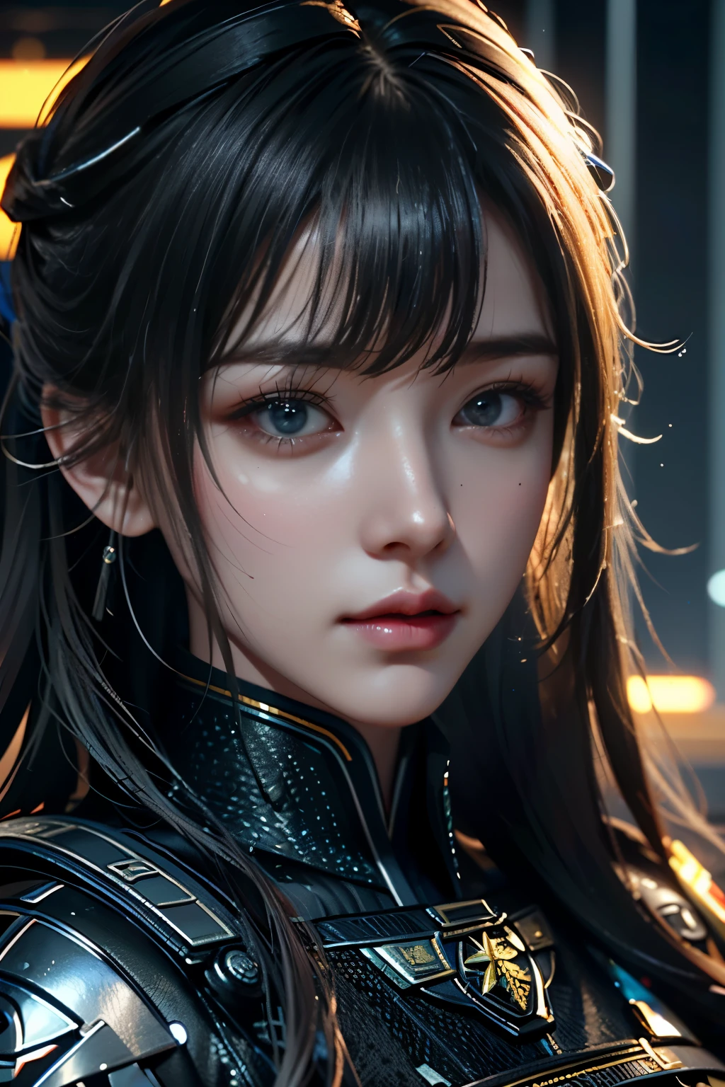 Masterpiece，The best qualities，Very high resolution，8K，((Portrait))，((Head close-up))，Original photo，real photo，数码摄影， (Cyberpunk-style female cops of the future world)，(Fighting girl)，22岁少女，(Long hair in a casual style，Blue)，An eye rich in detail，((Lachrymal nevus))，嘴唇光泽，(优雅迷人，冷漠高贵)，(Future combat clothing full of mechanical style，A garment that combines the characteristics of a police uniform，A fancy badge，An intricate pattern of clothing，Glittering jewels，Joint Armor，Metallic luster，Power Armor，Red and white)，赛博朋克人物，未来风格， 拍照姿势，街道背景，Movie lights，Ray tracing，Game CG，((3D Unreal Engine))，oc渲染反射纹理