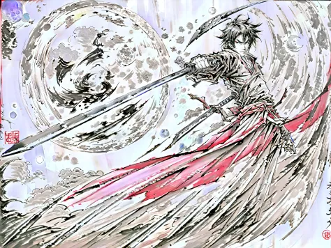 samurai,long sword,the background is the moon,master piece,highest quality,ultra high resolution,4k,super detailed,8k