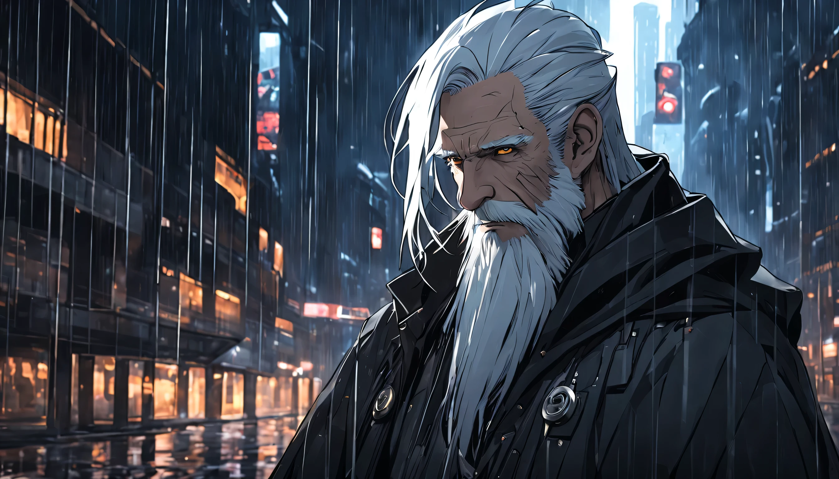 portrait of realistic a master named (Albert) who is old, wears a black cloak, white beard, long white hair, short, many scars, is in a very dark abandoned futuristic city, rainy night
