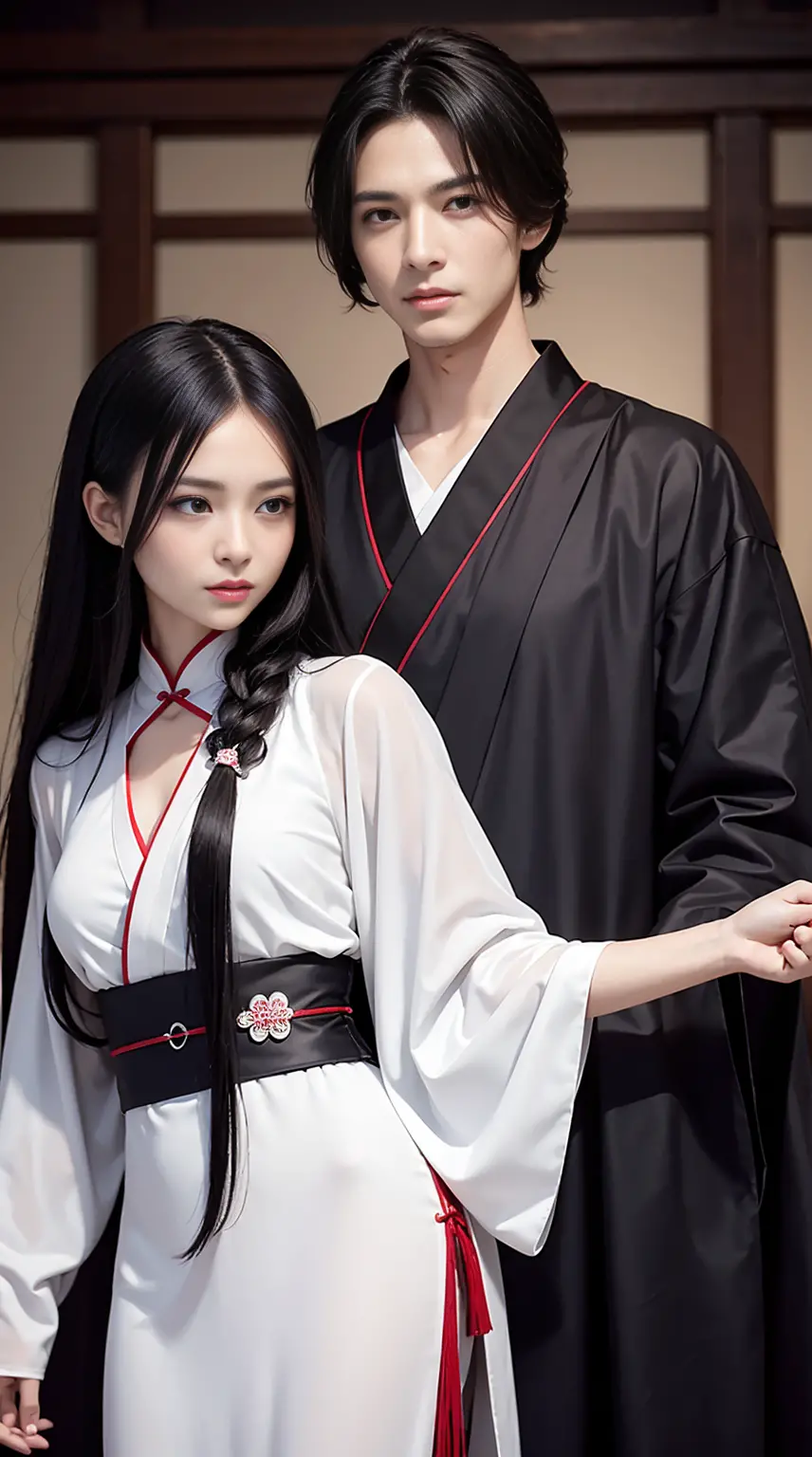 A man on the left is holding a woman on the right. The man looks handsome with a slender physique and is wearing hanfu black clo...