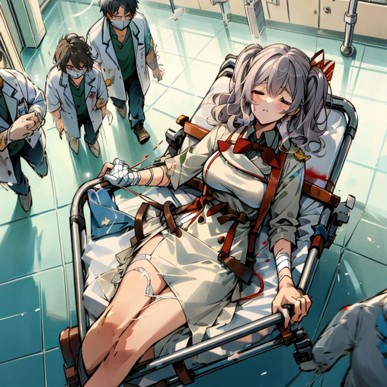 emergency transport,stretcher,intravenous drip, doctors,running,sleeping,lying on back,hospital hallway,(((bloody, blood on dress,torn dress, carrying))),bandages on face,emphasis lines,multiple boys BREAK 1 girl, Kashima, (torn clothes, torn skirt, white panties, big breast:1.3)