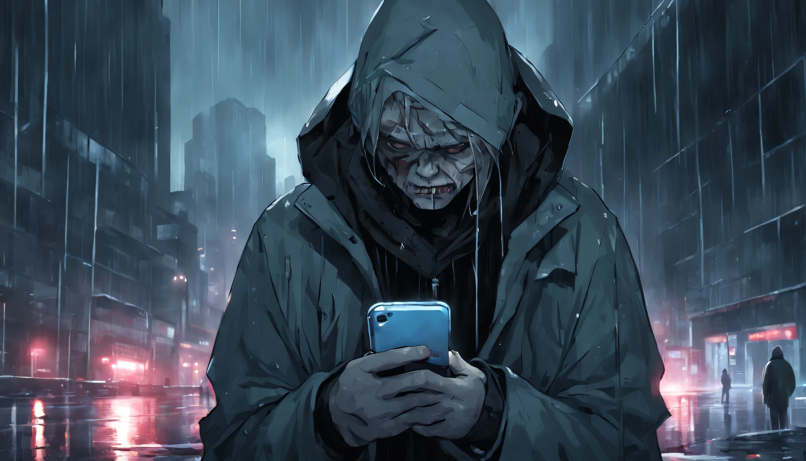 uma pessoa super miserável olhando para baixo para seu telefone parece um zumbi na chuva em uma cidade futurista muito escura e abandonada, noite chuvosa
