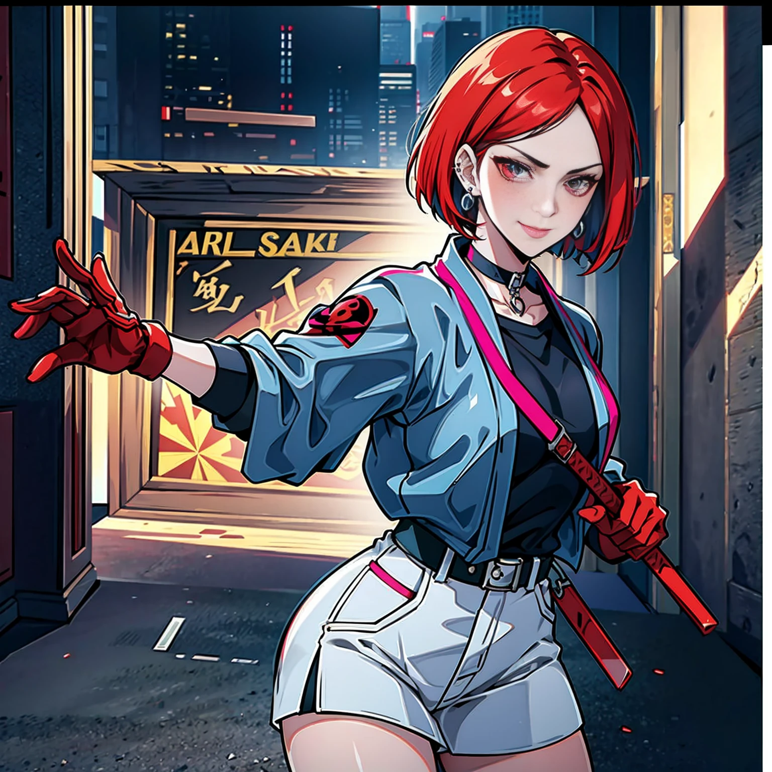 no estilo artístico de Persona5 e no estilo artístico de Street of Rage 4, delinquent, (eles são), maduro_fêmea, corar, maduro, mulher mais velha, 2, Roupa de professor Sukeban, (1 garota, Sozinho fêmea, Sozinho, Sozinho focus)++++, gargantilha, eles são teacher, eles são Lutarer, longo_mangas, open jaqueta, blue jaqueta,( jeans)+++, light skin tone fêmea, (corpo todo)+++++, jaqueta, biker jaqueta, tape, arm_apoiar, luvas, vermelho_luvas, manoplas de noiva, esmalte, botas, preto_calçados, Lutarer outfit, (corpo todo)+++++++, Ampulheta, maduro face, sorriso malandro, cara atrevida, rugas, (vermelho hair, cabelo curto, corte bob, Brincos, piercings nas orelhas), vermelho eyeighting art, Artes marciais, de pé, Lutaring_posição, Lutar, Lutaring), cores extras, 2D, Megapixels, perfeccionismo, Iluminação de destaque, Full HD , (obra de arte:1.2), (tiro de corpo inteiro:1),(tiro de vaqueiro:1.2), (Altamente detalhado:1.2),(rosto detalhado de anime:1.2), colorida, Um olho detalhado, (paisagem detalhada:1.2), (iluminação natural:1.2), ((eles são school teacher)) por Vincent Di Fate: Ajuda, Tiro Anamórfico, regra dos terços, rosto por Artgerm e WLOP,