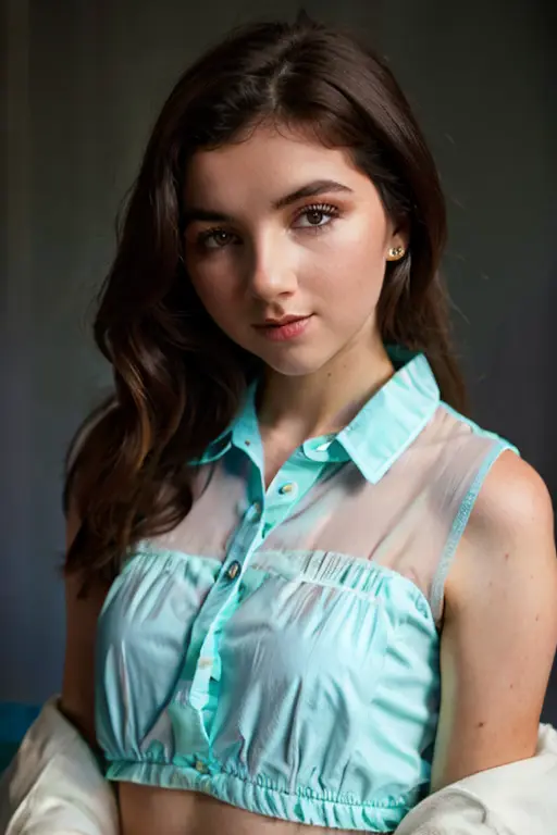 raw photo of  lilyspinner,blue blouse, neutral background , (high detailed skin:1.2), 8k uhd, dslr, soft lighting, high quality,...