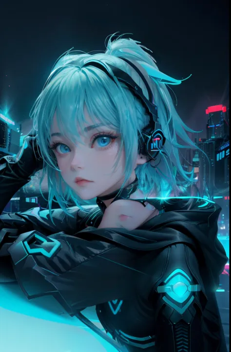 (Front view, Face-to-face audience:1.2), in the center, 3D, 3D model, unreal engine, | digital facial portrait, | 1 girl, alone, aqua hair color, short hairstyle, light blue eyes, | (neon wireless headphones headset:1.2), (black neon futuristic mouse mask:...
