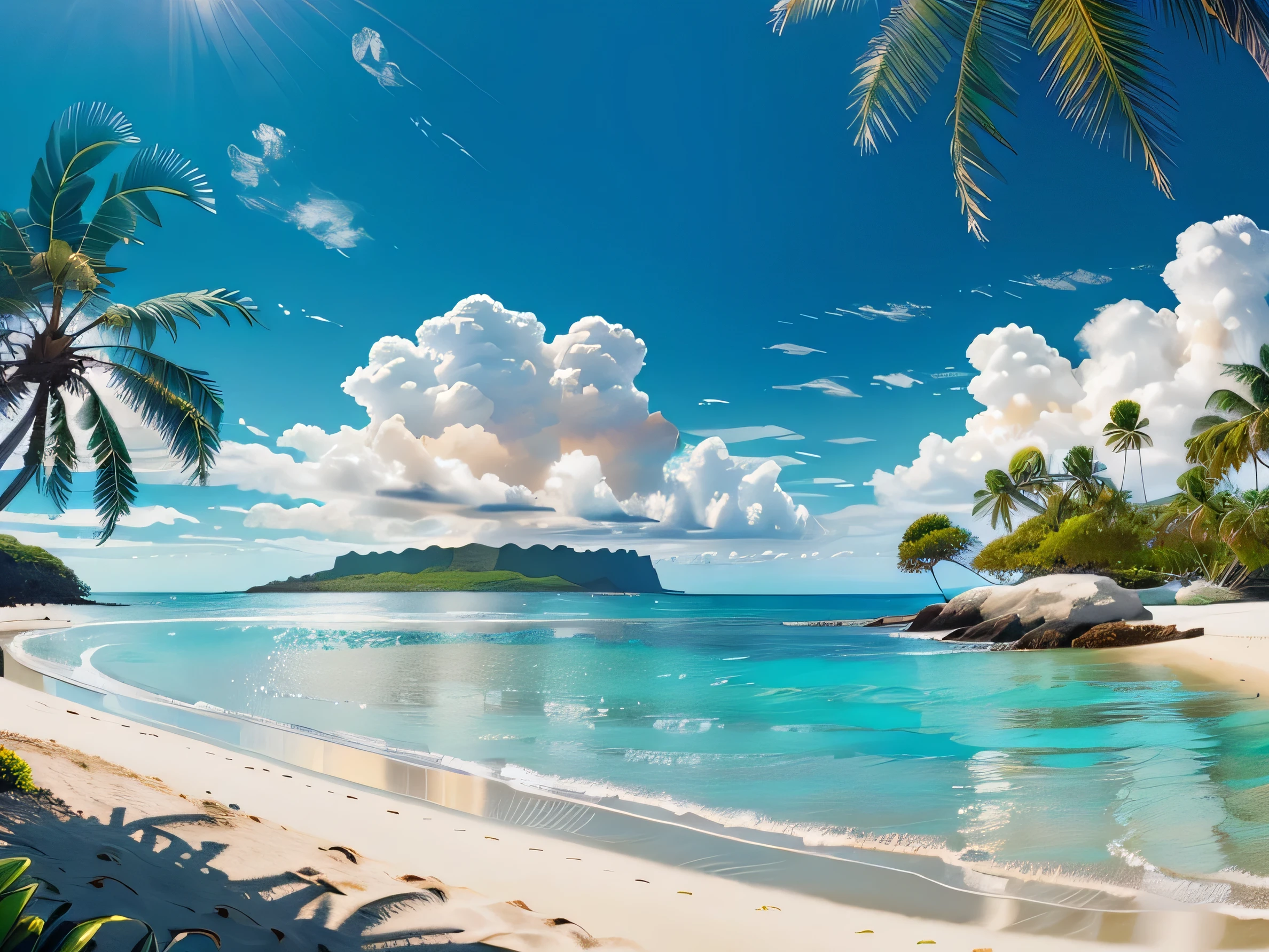 rapide: panorama très détaillé d&#39;une belle plage, Îles au loin, quelques nuages, et des palmiers,
(((rien ici, HDR, HD, 4k, 8k))), éclairage de remplissage, ligne fine et délicate, 