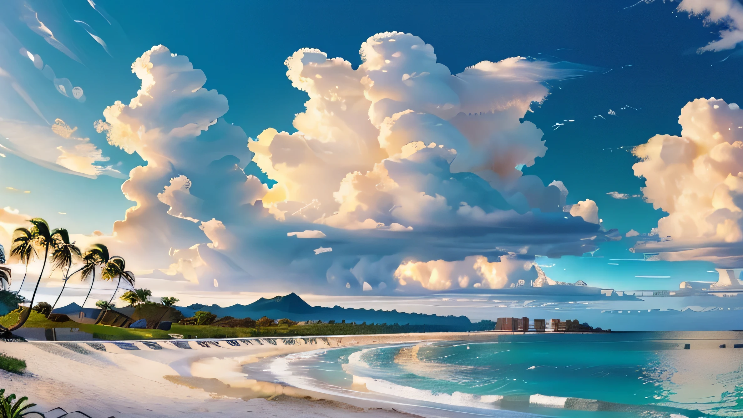 迅速的: 美麗海灘的非常詳細的全景, 遠處的島嶼, 幾朵雲, 和棕櫚樹,
(((空空如也, 高畫質R, 高畫質, 4k, 8K))), 補光, 線條細而細膩, 