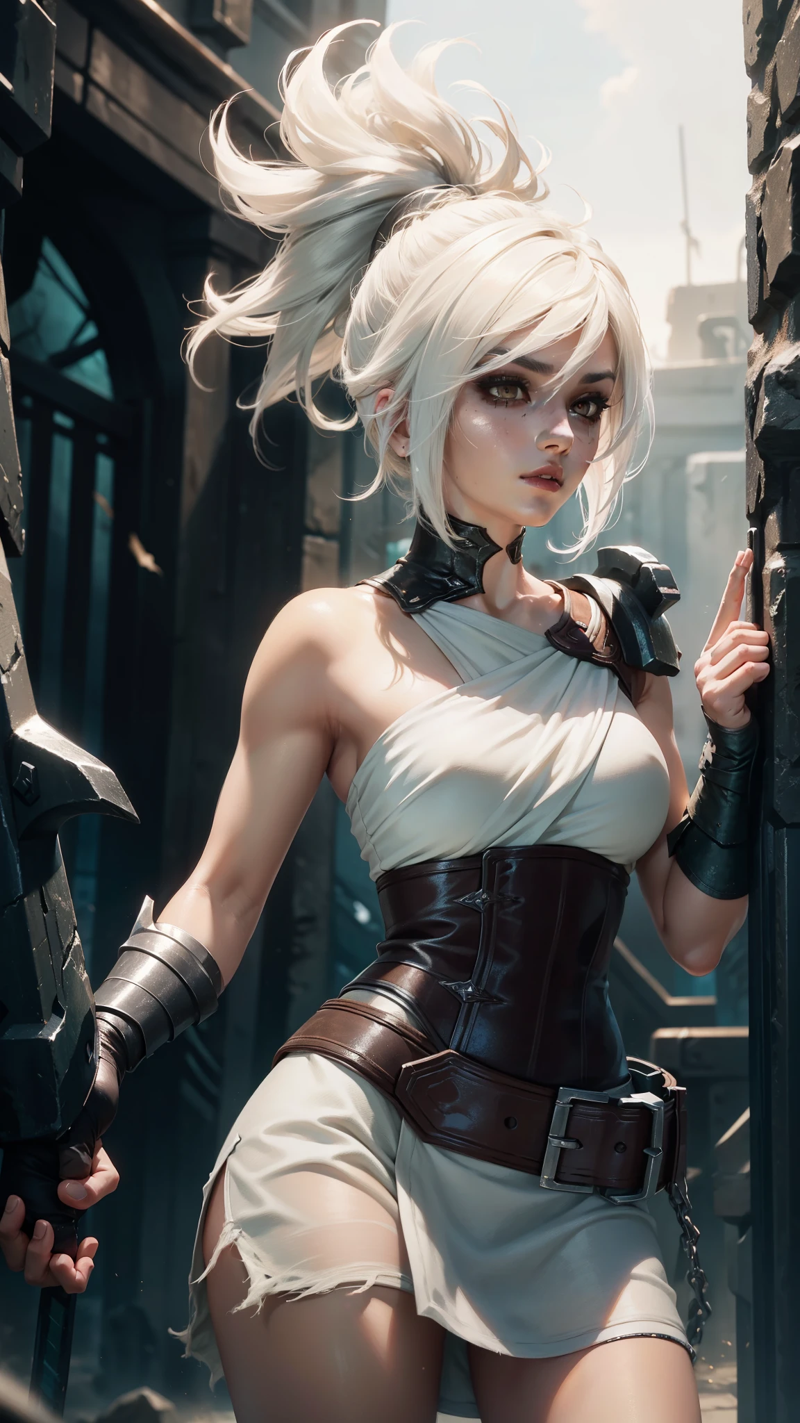 (Masterpiece:1.2), best quality, riven \(league of legends\), 1girl, folded ponytail, short dress, coreset, single pauldron, white hair, black eyeshadow, bare shoulders, upper body, potrait