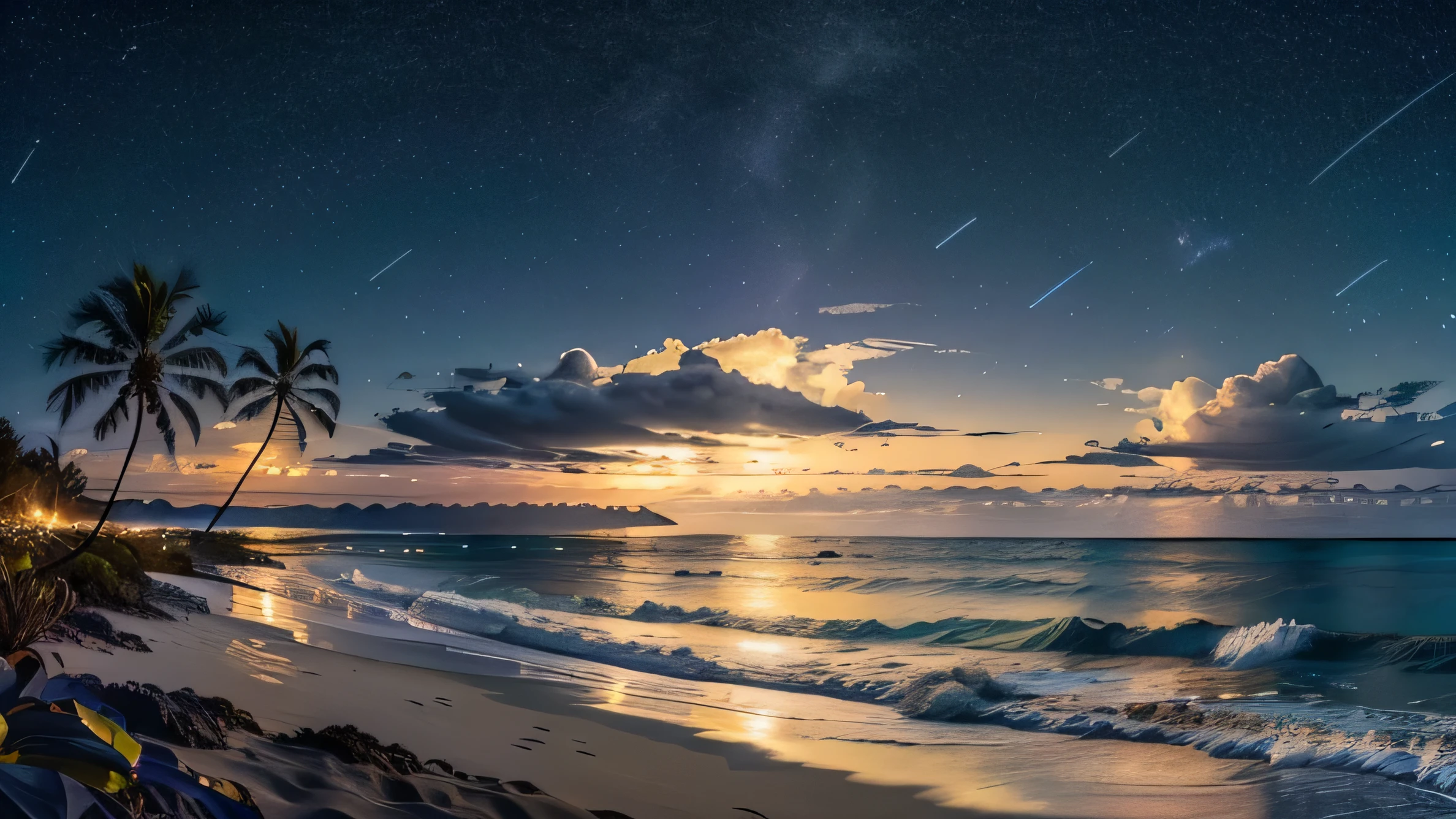 incitar: panorama noturno muito detalhado de uma bela praia, ilhas ao longe, Poucas nuvens, e palmeiras, céu estrelado, lua,
(((nada ali, alta definiçãoR, alta definição, 4K, 8K))), preencher iluminação, linha fina e delicada, 