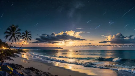 prompt: very detailed night panorama of a beautiful beach, islands in the distance, few clouds, and palmtrees, starry sky, Moon,...