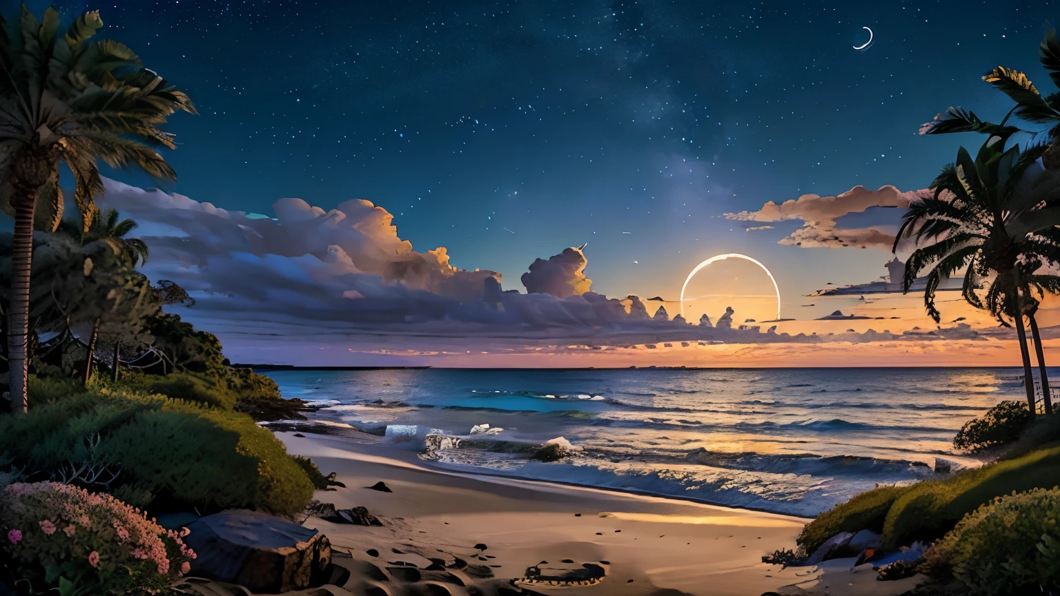 incitar: (((extremamente detalhado))), panorama noturno de uma bela praia, ilhas ao longe, Poucas nuvens, e palmeiras, céu estrelado, lua,
(((nada ali, alta definiçãoR, alta definição, 4K, 8K))), preencher iluminação, linha fina e delicada