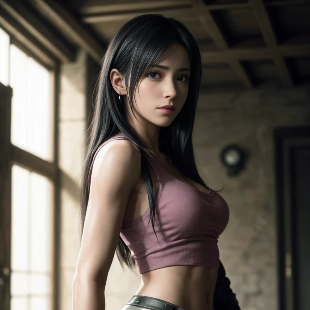 (best quality,ultra detali),(Realistic:1.37),tifa lockhart,beautiful and detailed face, texture ultra realistic, 精致的面容, Delicate body, Fit physique, serious expression
