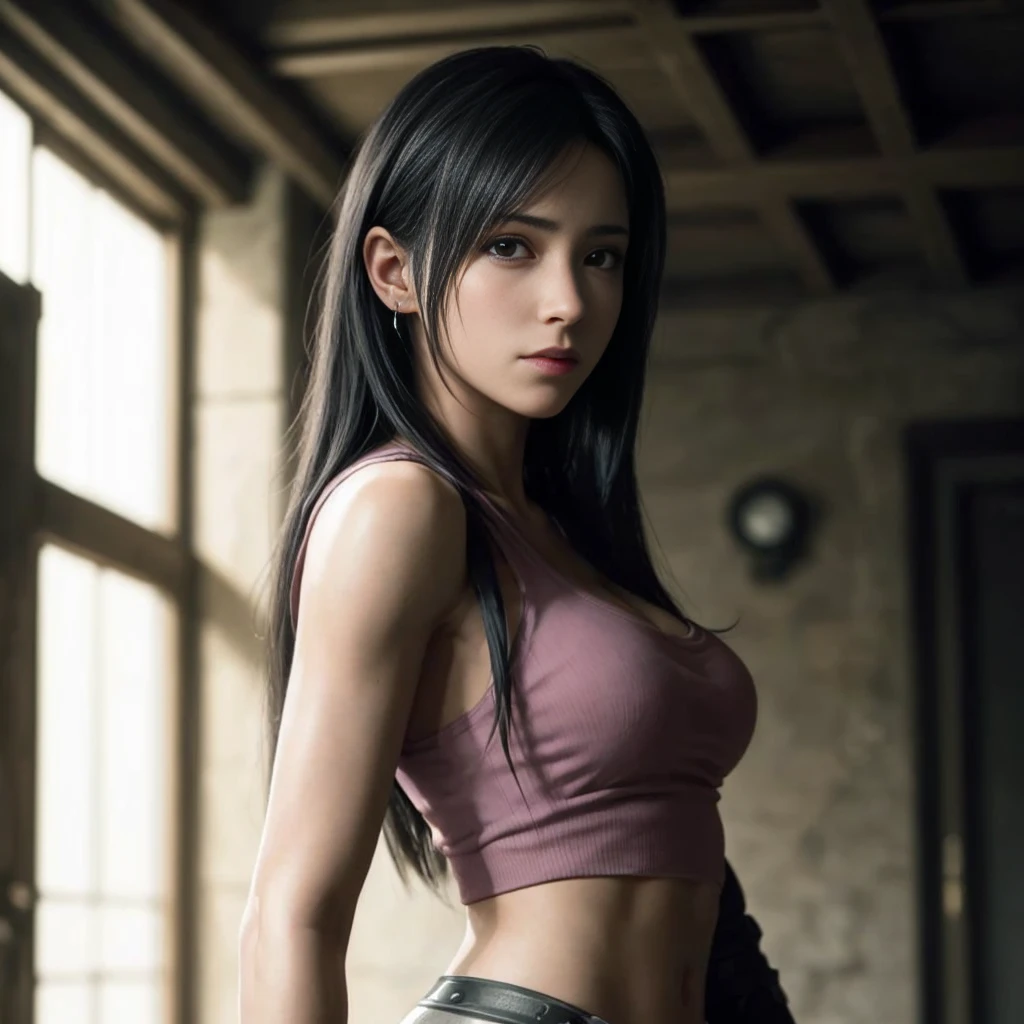 (meilleure qualité,ultra-détaillé),(réaliste:1.37),Tifa Lockhart,Visage beau et détaillé, texture ultra réaliste, visage délicat, corps délicat, Fit physique, expression sérieuse