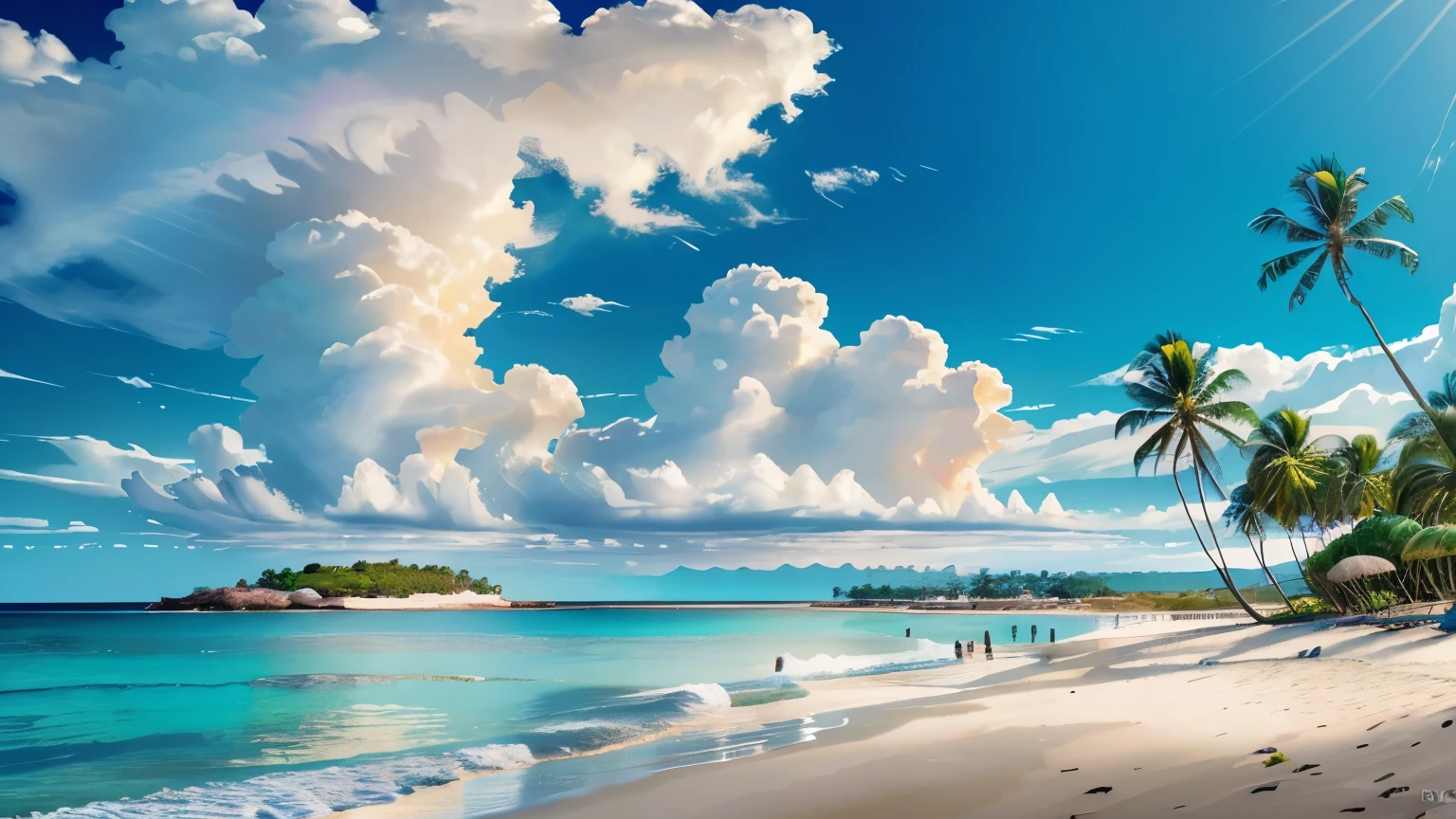 incitar: panorama muito detalhado de uma bela praia, ilhas ao longe, Poucas nuvens, e palmeiras,
(((nada ali, alta definiçãoR, alta definição, 4K, 8K))), preencher iluminação, linha fina e delicada, 