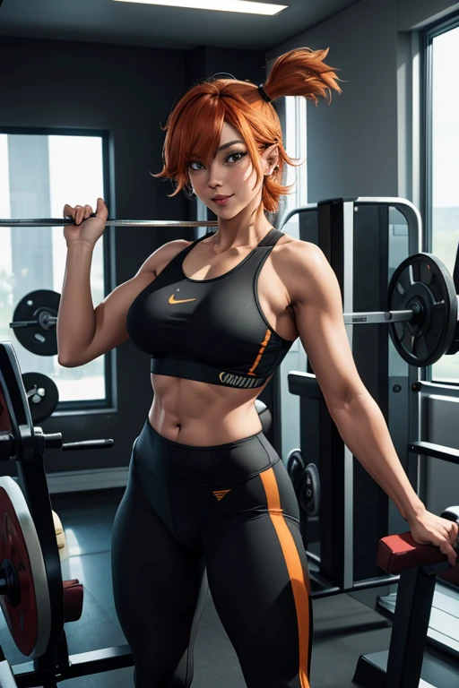 pose de modelo sexy, obra de arte, melhor qualidade, Alta resolução, 1 garota, (Pokémon), cabelo laranja, Sozinho, calça legging preta, rabo de cavalo lateral, corpo atlético, cabelo laranja, barriga, sutiã esportivo preto, umbigo, cabelo curto, sorriso, seios grandes, tiro de corpo inteiro, in the academia weight machines, academia, Alta resolução, very Alta resolução, 1080P, 4K, 8K, 16k, muito detalhado, realista, 8K, Cinema 4D, Arte extremamente detalhado, [ Arte Digital 4K ]