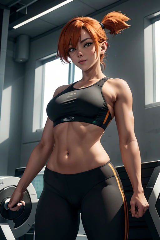 sexy model pose, work of art, best qualityer, high resolution, 1 girl, (Pokémon), hair orange, standing alone, black legging pants, side ponytail, Athletic body, hair orange, tummy, black sports bra, へそ, shorth hair, ssmile, breasts big, full body shot shot, in the gym weight machines, gym, high resolution, very high resolution, 1080P, 4K, 8k, 16K, very detailled, realisitic, 8k, 4d cinema, Extremely detailed art, [ digital art 4k ]