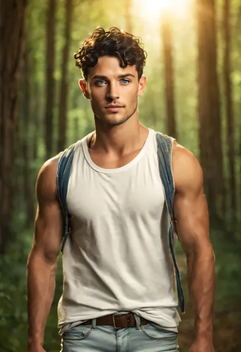 There  a young man with a handsome face and short wavy black hair and big blue eyes in a sunny forest, a thoughtful attentive ex...