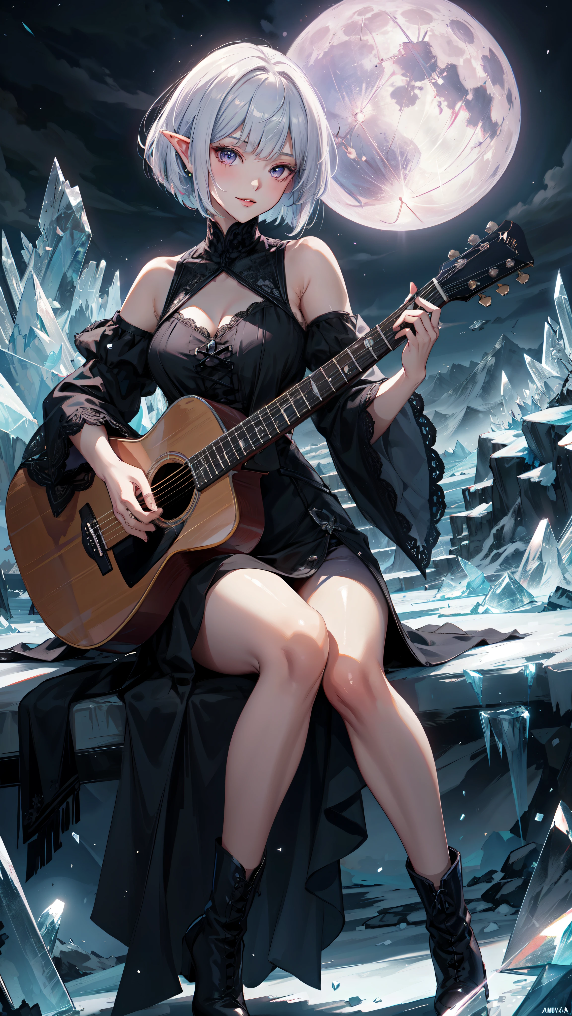 ((masterpiece )), (top quality), (best quality), ((ultra-detailed, 8k quality)), Aesthetics, Cinematic lighting, (detailed line art), 
BREAK,
Beautiful Gothic dark elf girl, Sitting on a top of a mountain, playing (Guitar), full moon sky, dark night Background, 
BREAK, 
absurdres, athletic proportions, play Guitar pose, (acoustic guitar), cowboy shot, dynamic angle, dress, (Gothic dress with ice crystals), (black dress with ice crystals), dip hem dress, highheels, ankle boots, lace train, dip hem, bare shoulders, corset dress, (surrounded by ice), (the garden of an ice mountain),
BREAK, 
highly detailed of ( dark elf), (1girl), perfect face, details eye, Bob cut hair, Blunt bangs, (hair between eye), white hair, violet eyes, eyelashes, eyeshadow, pink eyeshadow, light smile, design art by Artgerm, by Kawacy, By Yoshitaka Amano,
BREAK, 
((perfect anatomy)), nice body, medium breast, extremely detailed finger, best hands, perfect face, beautiful face, beautiful eyes, perfect eyes, perfect fingers, correct anatomy, ((Dark skin))