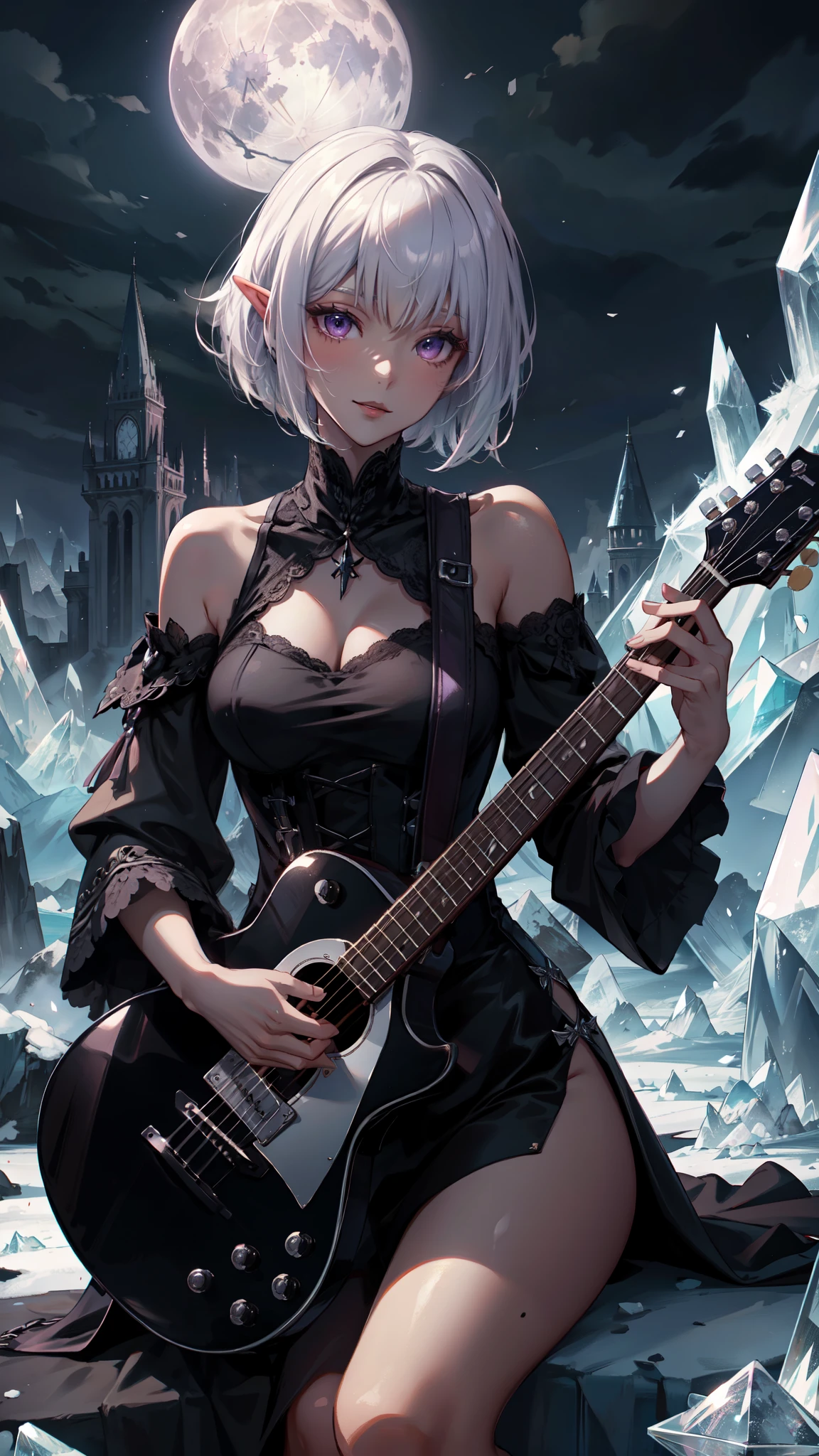 ((masterpiece )), (top quality), (best quality), ((ultra-detailed, 8k quality)), Aesthetics, Cinematic lighting, (detailed line art), 
BREAK,
Beautiful Gothic dark elf girl, Sitting on a top of a mountain, playing (Guitar), full moon sky, dark night Background, 
BREAK, 
absurdres, athletic proportions, play Guitar pose, (acoustic guitar), cowboy shot, dynamic angle, dress, (Gothic dress with ice crystals), (black dress with ice crystals), dip hem dress, highheels, ankle boots, lace train, dip hem, bare shoulders, corset dress, (surrounded by ice), (the garden of an ice mountain),
BREAK, 
highly detailed of ( dark elf), (1girl), perfect face, details eye, Bob cut hair, Blunt bangs, (hair between eye), white hair, violet eyes, eyelashes, eyeshadow, pink eyeshadow, light smile, design art by Artgerm, by Kawacy, By Yoshitaka Amano,
BREAK, 
((perfect anatomy)), nice body, medium breast, extremely detailed finger, best hands, perfect face, beautiful face, beautiful eyes, perfect eyes, perfect fingers, correct anatomy, ((Dark skin))