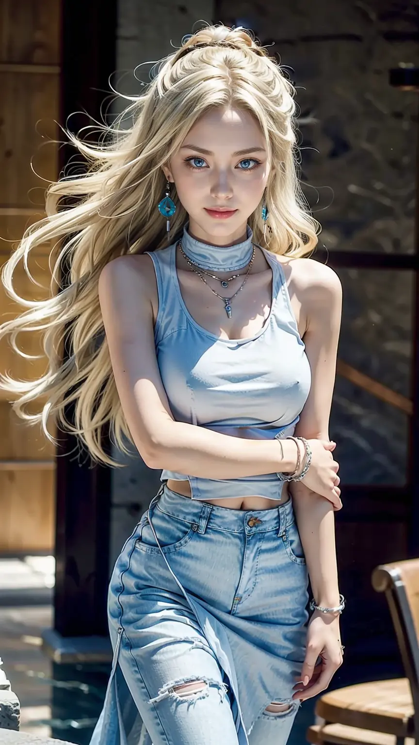 22 year old white female、hair color is blonde、blue eyes、long hair、The ends of the hair are wavy、accessories on wrist、wearing a n...