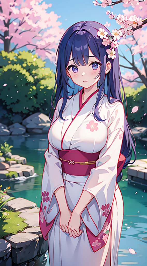 Beautiful woman with big breasts、blue hair、purple eyes、（Cherry blossom pattern）white kimono、wet kimono、wet hair、water droplets、embarrassed face、（evening）Japanese garden、long hair down to the waist、