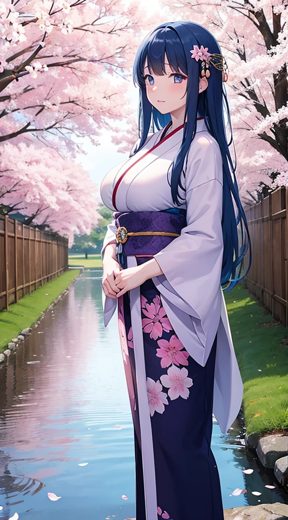 Beautiful woman with big breasts、blue hair、purple eyes、（Cherry blossom pattern）white kimono、Kimono opened wet、wet hair、water droplets、embarrassed face、Japanese garden in the evening、long hair down to the waist、