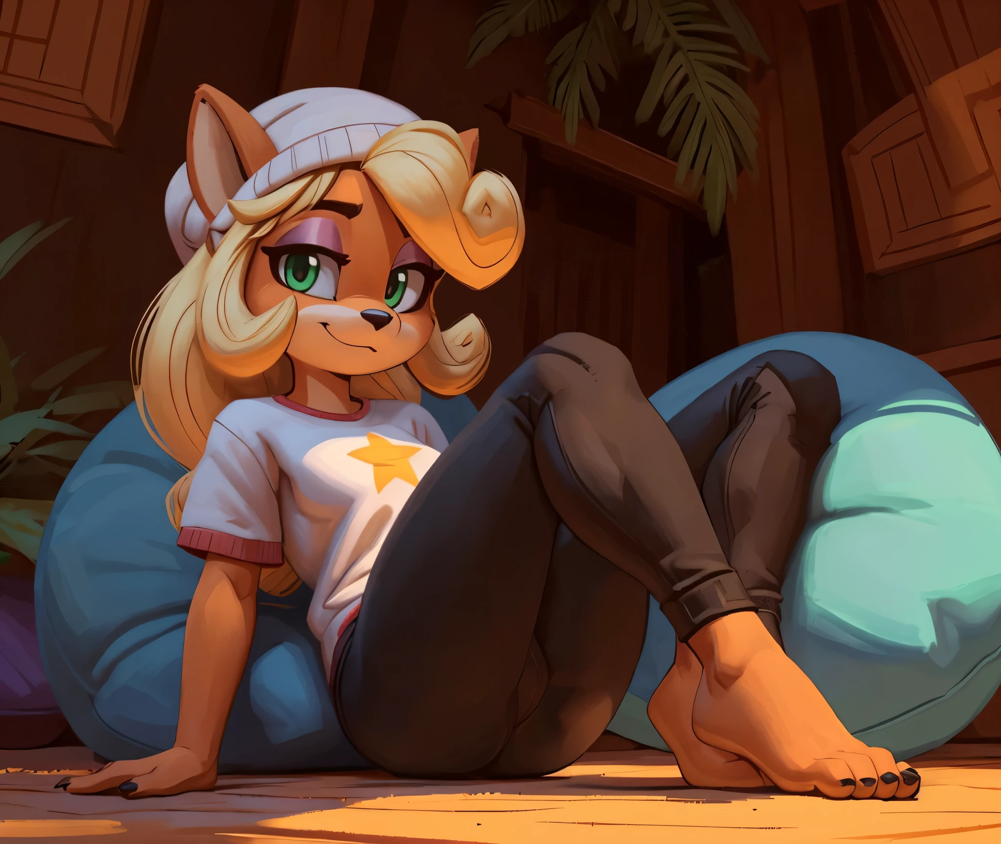 [Coco bandicoot], [Uploaded to e621.net; (Pixelsketcher), (wamudraws)], ((masterpiece)), ((HD)), ((solo portrait)), ((full body)), ((front view)), ((feet visible)), ((furry; anthro)), ((detailed fur)), ((detailed shading)), ((beautiful render art)), ((intricate details)), {anthro; orange fur, black nose, (cute green eyes), (short eyelashes), (pink eyeshadow), (long blonde curly hair), (sharp black claws), (curvy hips), (beautiful legs), (beautiful feet), (humanoid feet), (blushing), (cute smirk), (calm expression)}, {(white tee shirt), (yellow star printed on shirt), (tight pink yoga pants), (pink beanie)}, {(sitting on beanbag), (crossed legs), (looking at viewer)}, [background; (tropical forest), (tree house), (window), (blue sky), (sun rays)]

