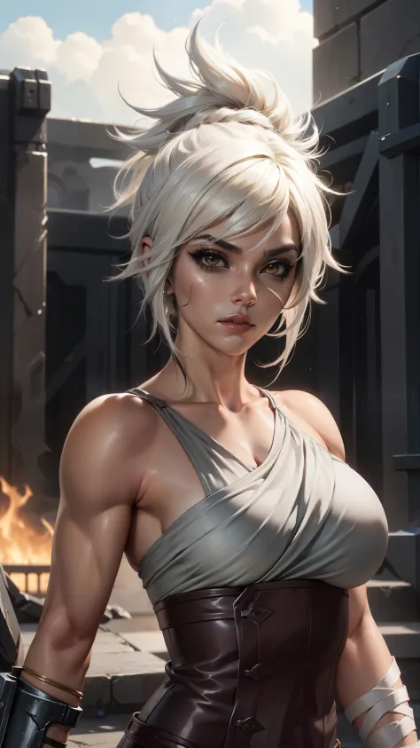 (Masterpiece:1.2), best quality, riven \(league of legends\), 1girl, sarashi, muscular female, abs, white hair, black eyeshadow, bare shoulders, upper body, potrait