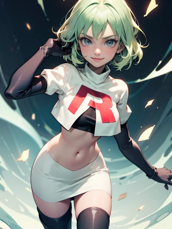 fembyleth, very short hair, light green hair ,glossy lips ,team rocket uniform, red letter R, white skirt,white crop top,black thigh-high boots, black elbow gloves, evil smile, looking at viewer, cowboy shot