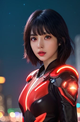 ((masterpiece)), (best quality),, official art, extremely detailed CG unity 8k wallpaper, highly detailed, shiny skin, Depth of field, vivid color,, 1girl, (curvy:0.4), (full body:0.6),, medium short hair, bangs, red eyes, looking at viewer, night, neon star (sky), crowd, upper body,