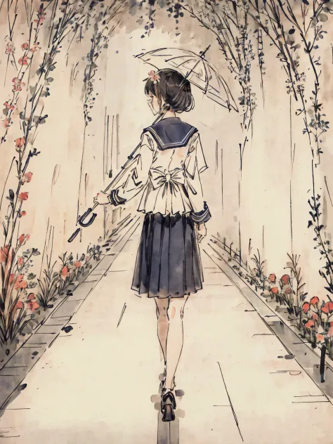 Flower Tunnel、dark、Girl in a sailor suit、back view、Holding an umbrella、