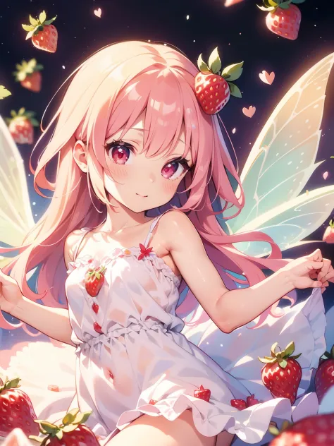 Illustration of a whimsical strawberry milk fairy with delicate wings, wearing a dress made of strawberry petals and holding a t...