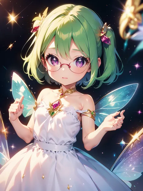 Illustration of a precious gemstone fairy young girl with shimmering wings, wearing a sparkling dress adorned with emeralds, sap...