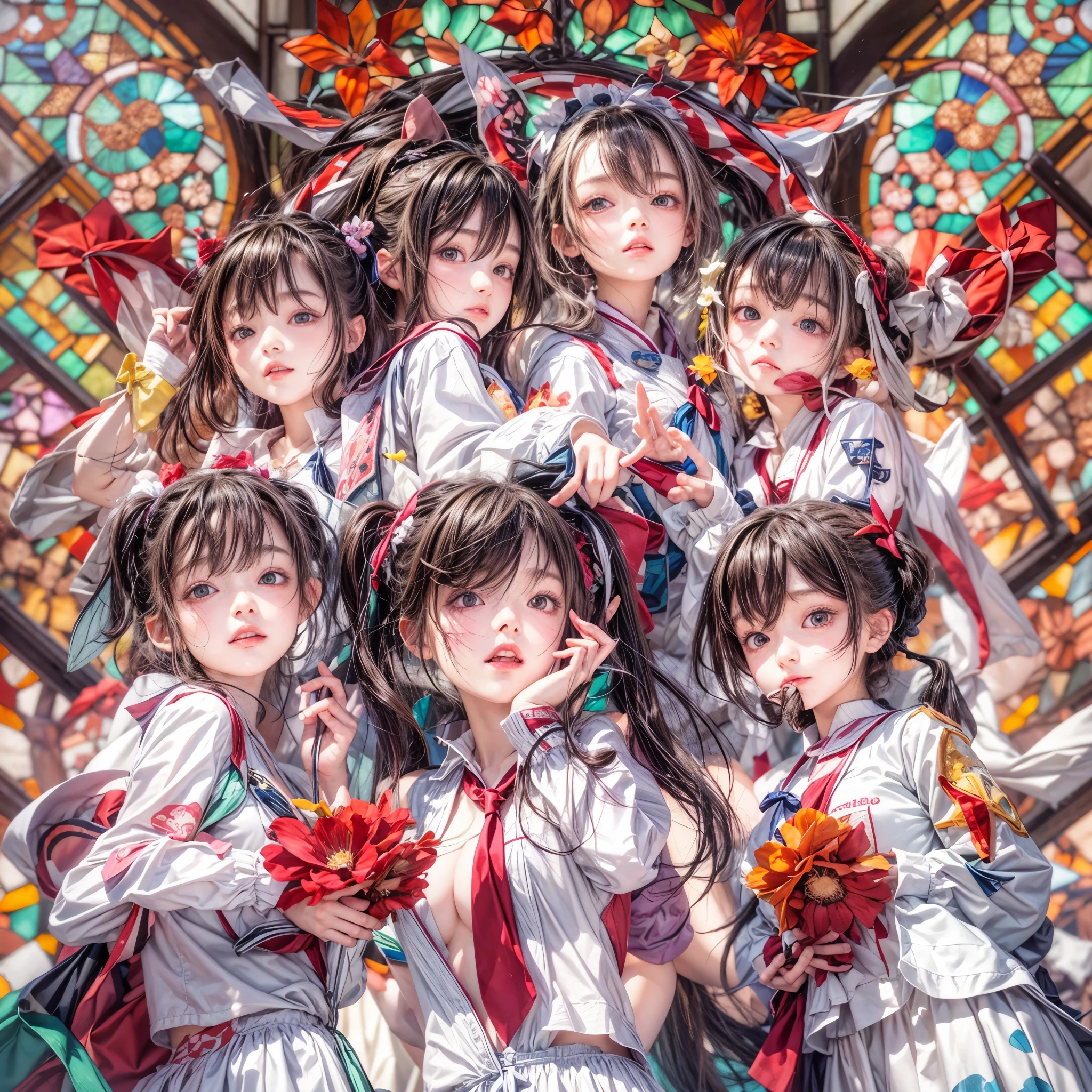 (White and Red, Acutance:0.8), Masterpiece, (physically-based rendering with ultra-detailed, (realistic and (photorealistic:1.37) with touch of rawness)). A group of KAWAII girls in opened  without brassiere . ((extremely detailed KAWAII face variations) with joyful expressions), { Navel | pretty Ass | Overflowing underboob | (White panties) | (full of Flowers covering girl's body) | (Dazzling colorful stained glass with delicate details:1.2) } . (Exposed:1.2), ((nipple:-0.9)), (not Detailed fingers:-0.9) .