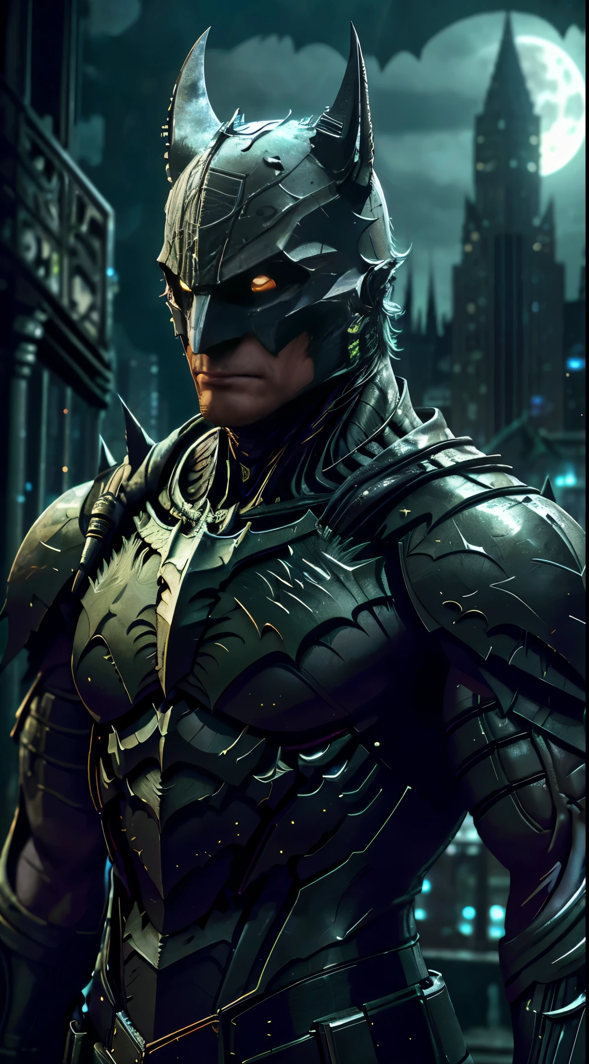 The Dark Knight Batman sets his sights on a Gothic lost city.々standing with. Moonlight highlights your muscles and scars. Lush greenery and mysterious scenery, In and around futuristic technology. The camera explains everything in detail, warrior woman, before him.